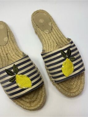 Boden Navy & Cream Striped Espadrille Slides with Yellow Lemon Embroidery sz 39